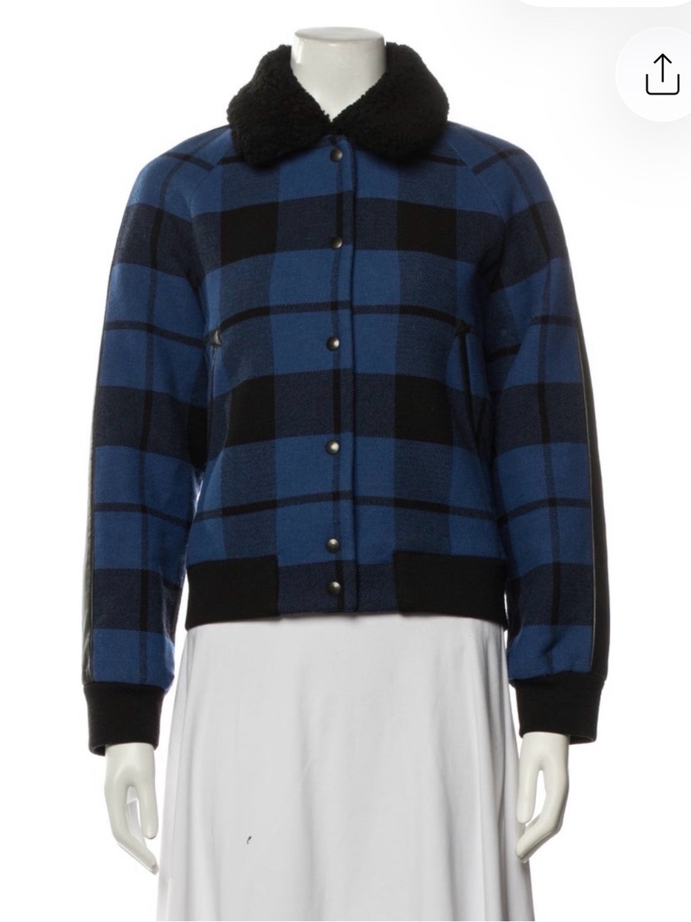 Blue and Black Plaid Bomber Jacket with shearling Fur Collar